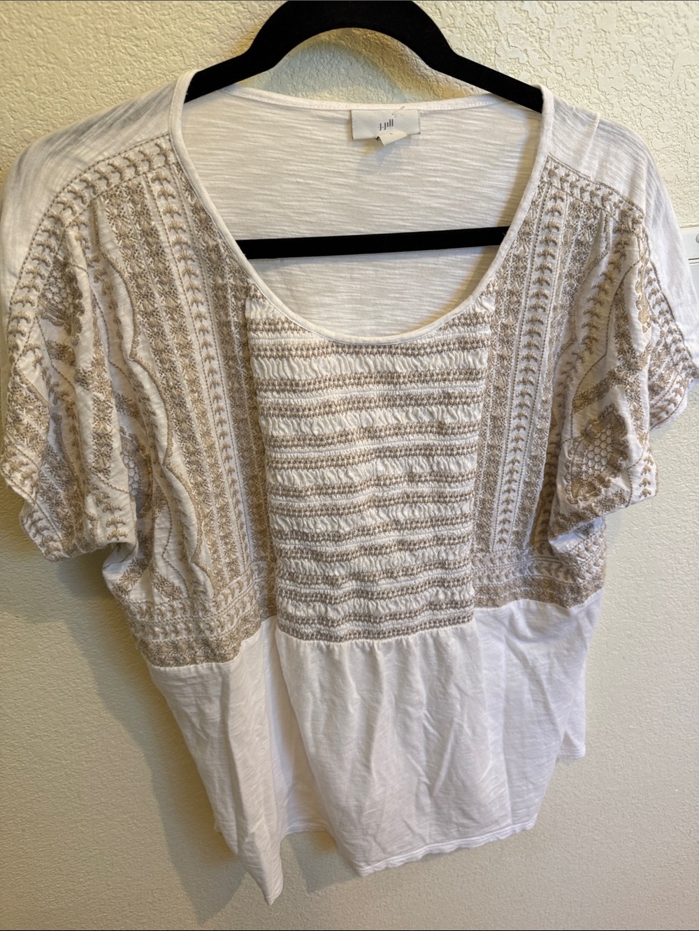J. Jill White Top with Beige Embroidered Panel